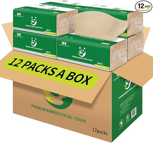 Soft Durable Bamboo Facial Tissues - 3 Ply Natural Unbleached Facial Paper Dry or Wet Use 12 Packs（134 Tissue per Pack, 1608 Tissues Total）