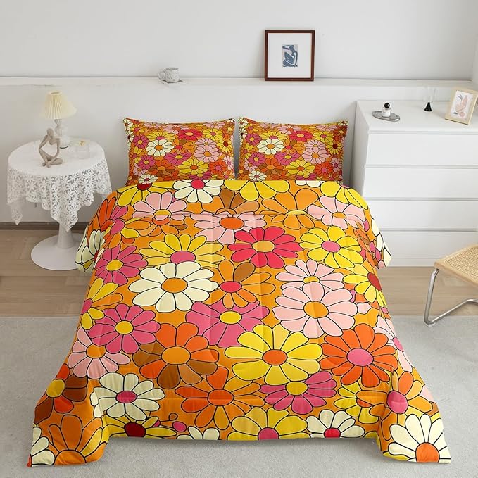 Castle Fairy Bohemian Flowers Twin Size Comforter Set,70s Floral Duvet Set for Kids Boys Bedroom,Hippie Retro Groovy Botanical Soft Microfiber Bedding Comforters,2 Pcs
