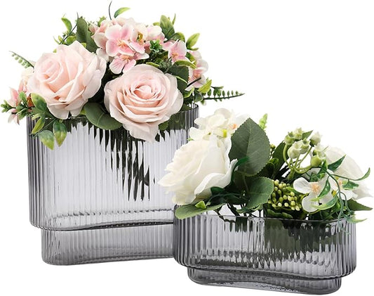 Short Glass Vases, Set of 2 Black Glass Vases for Tulips, Ribbed Vase for Flowers, Modern Small Vase for Living Room, Dining Room, Bathroom, Desk, Shelf, Wedding, Office