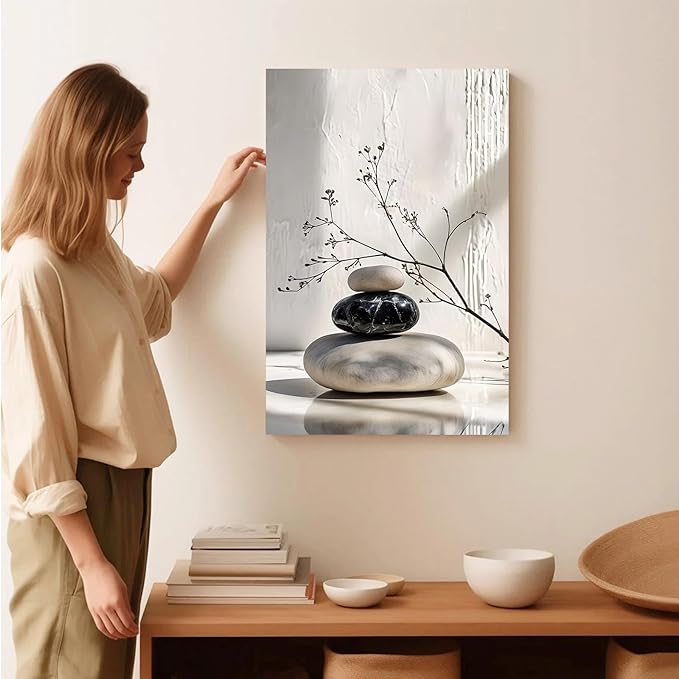 Gray and black stone pile and dried flowers poster canvas wall art in harmony Minimalist wall art for tranquil homes and mindful spaces 8x12in Frameless