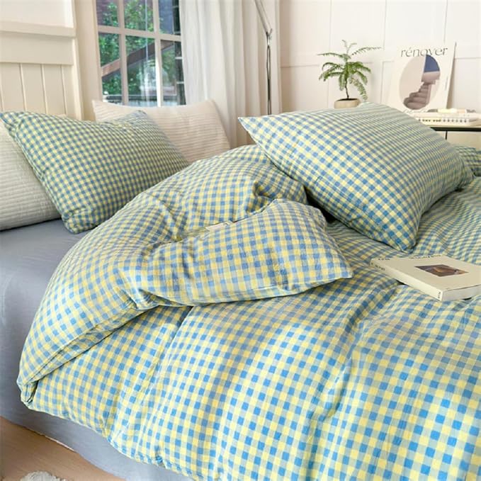 LifeTB Twin XL Comforter Set Blue Yellow Gingham Comforter for Men Boys Modern Plaid Grid Pattern Comforter Set Soft Lightweight Bedding Set Fluffy Boho Plaid Checkered Comforter with 2 Pillowcases