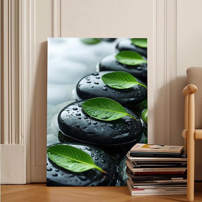 Glittering black stone cluster with fresh green leaves and water drops poster tranquil mist rain wall art zen wall art suitable for modern minimalist home decor 20x30in Wood Framed