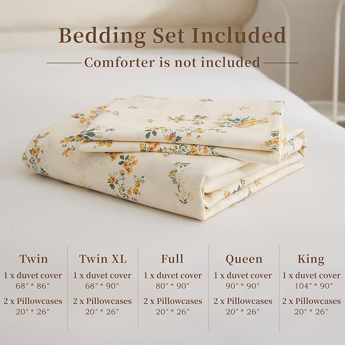 EAVD Chic Fresh Floral Duvet Cover Twin XL Soft Cotton Reversible Garden Yellow Floral Bedding Set with 2 Pillowcases Cottagecore Botanical Duvet Cover with Zipper Clsoure
