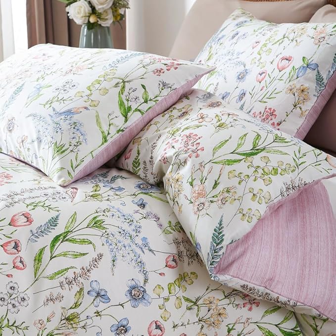 EAVD Vintage Style Botanical Floral Duvet Cover King Soft Cotton Chic Cute Bird Floral Print Bedding Set with 2 Pillowcases Vibrant Garden Botanical Comforter Cover with Zipper Closure