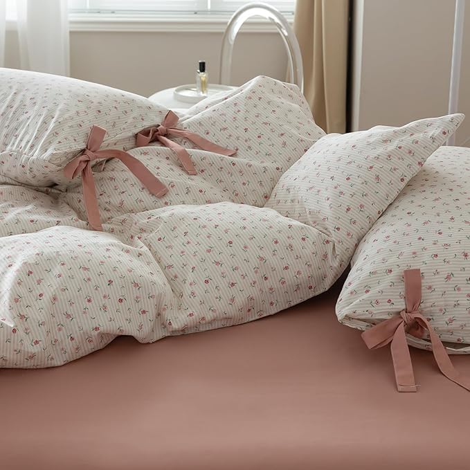 VM VOUGEMARKET Pink Flower Stripes Duvet Cover Set Twin 100% Cotton Blossom Duvet Cover with Zipper Closure,Cottagecore Bedding Set for Girls Women-68 x86,Off-White
