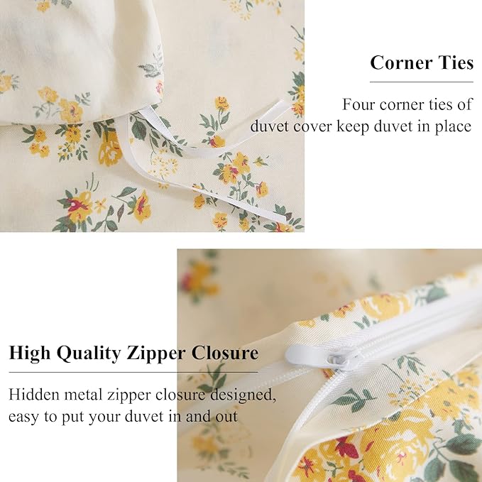 EAVD Twin Cotton Duvet Cover Set Girls Yellow Floral Duvet Cover Chic Garden Flower Bedding Set with 2 Pillowcases Reversible Botanical Pattern Duvet Cover with Zipper Closure