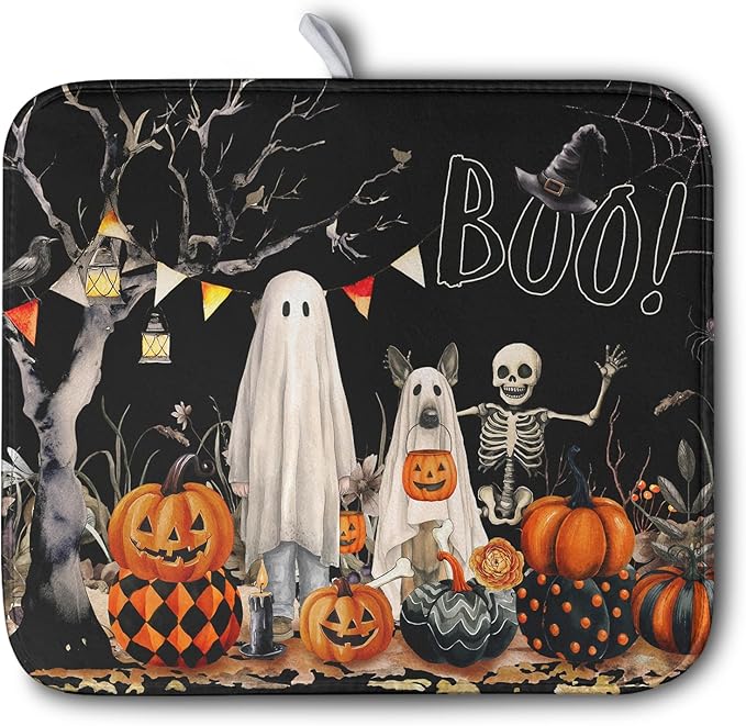 Halloween Dish Drying Mat for Kitchen Counter 16x18 Inch Black Ghost Pumpkins Dog Boo Skull Dishes Drainer Mats Absorbent Microfiber Washable Dish Draining Pad for Sink Coffee Bar