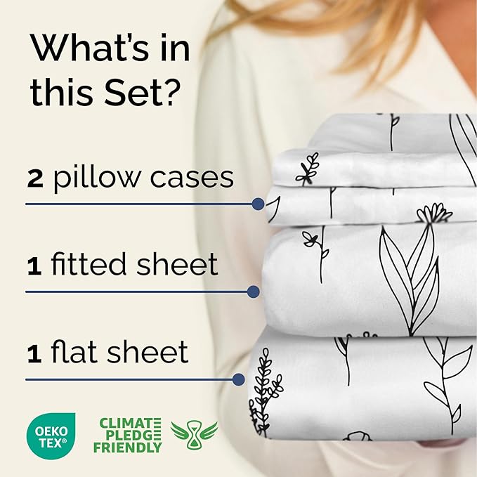 Floral Sheets - Black & White Floral Bed Sheet Set - 1 Flat, 1 Fitted & 2 Pillowcases w/ Deep Pockets - Comfy, Wrinkle & Fade Free - Boho Botanical Bedding - Soft, Breathable & Cooling - Full Size Set