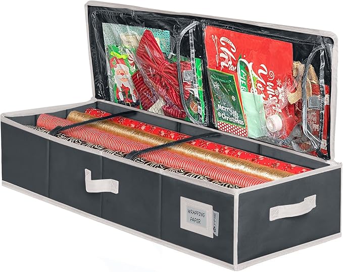 HOLDN' STORAGE Premium Wrapping Paper Storage Container - Durable 600D Tear-Proof, Fits 27 Rolls Gift Wrap, Extra Pockets for Ribbons & Bows, Underbed Storage - Ideal for Holiday Christmas, Black/White Trim