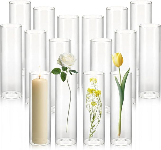 16 Pack 5.9" Tall x 1.8" Diameter Clear Glass Cylinder Vases - Multi-Use Flower Vase, Hurricane & Floating Candle Holders for Wedding Centerpieces, Home Decor, Table Displays