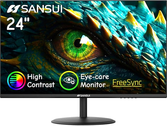 SANSUI Computer Monitor 24 inch Eye Care 1080P Display HDMI,VGA Ports with 178° Viewing Angle/Frame-Less/Tilt/VESA Compatible for Office and Home
