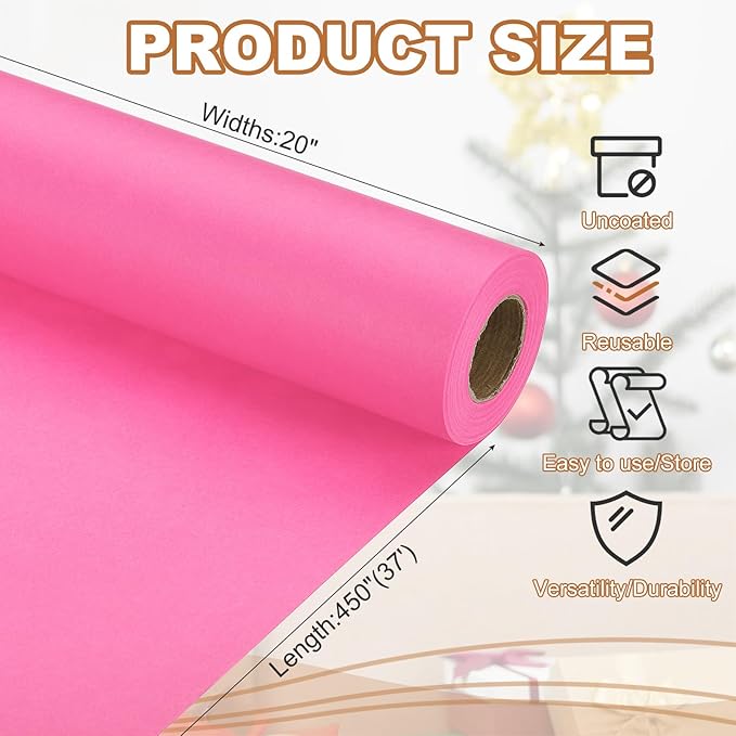 PATIKIL Wrapping Paper, 20" x 450"(37') 70 GSM Craft Paper Roll Kraft Packing Paper for Poster Bulletin Board, Gift Wrapping, Pink