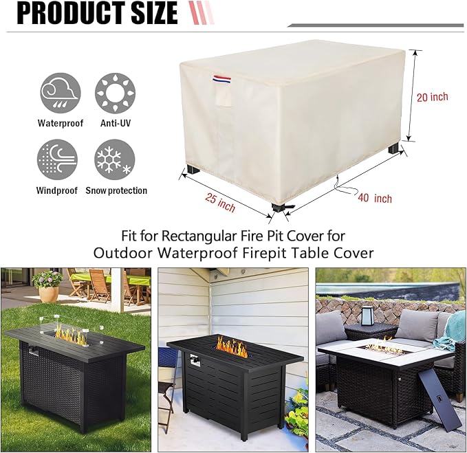 Youlvy Fire Pit Cover Rectangular 40 Inch - Waterproof Outdoor Fire Table Cover Rectangle Heavy Duty, 600D Patio Propane Gas Firepit Cover Rectangular Tear Weather Resistant - 40 x 25 x 20 Inch Beige
