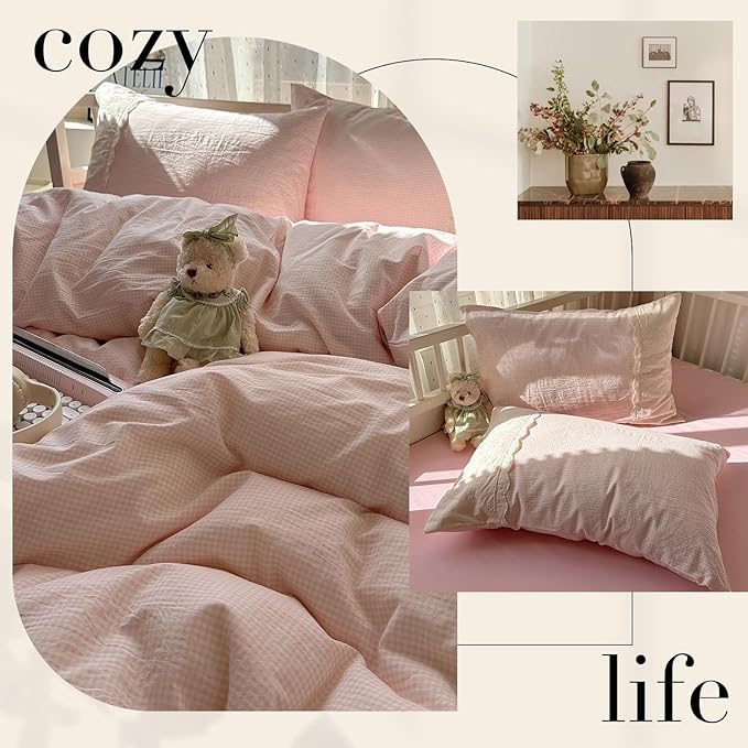 LifeTB Pink Gingham Duvet Cover Twin XL 3 Pieces Romantic Lace Duvet Cover Pink Plaid Checkered Comforter Cover with 2 Pillowcases Soft Breathable Microfiber Grid Farmhouse Plaid Bedding Set