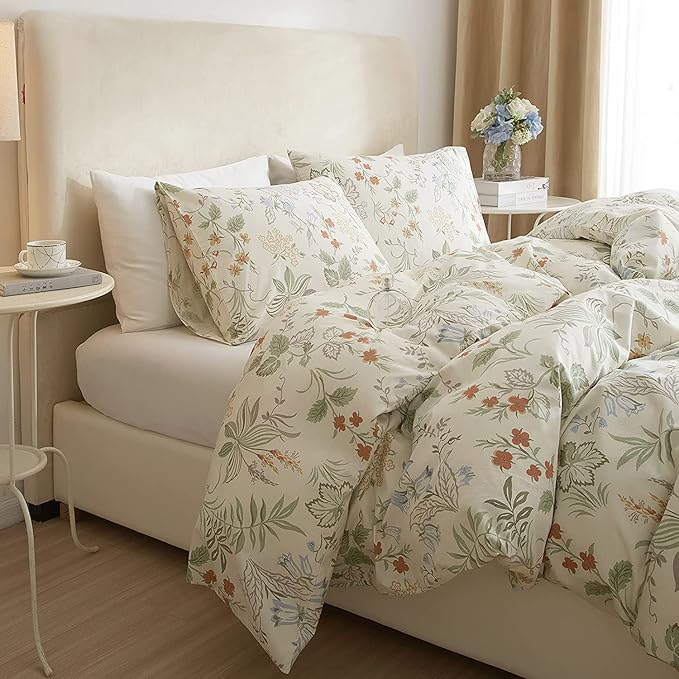 Garden Floral King Comforter Set Chic Flower Leaves Print Floral Bedding Comforter Fluffy Soft Vintage Style Aesthetic Comforter King with 2 Pillowcases Botanical Cottagecore Comforter for All Seasons