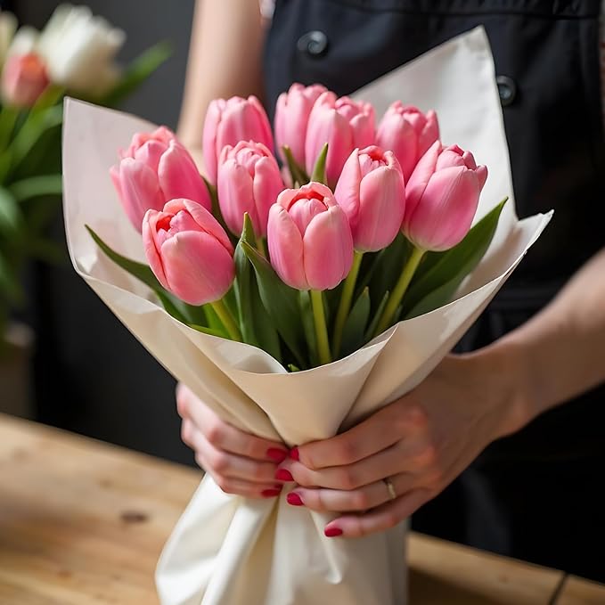 uxcell 20pcs Tulips Artificial Flowers, Faux Flowers Silk Fake Tulip Stems Real Touch for Wedding Bouquet Centerpiece Table Party Decoration(Love Pink)
