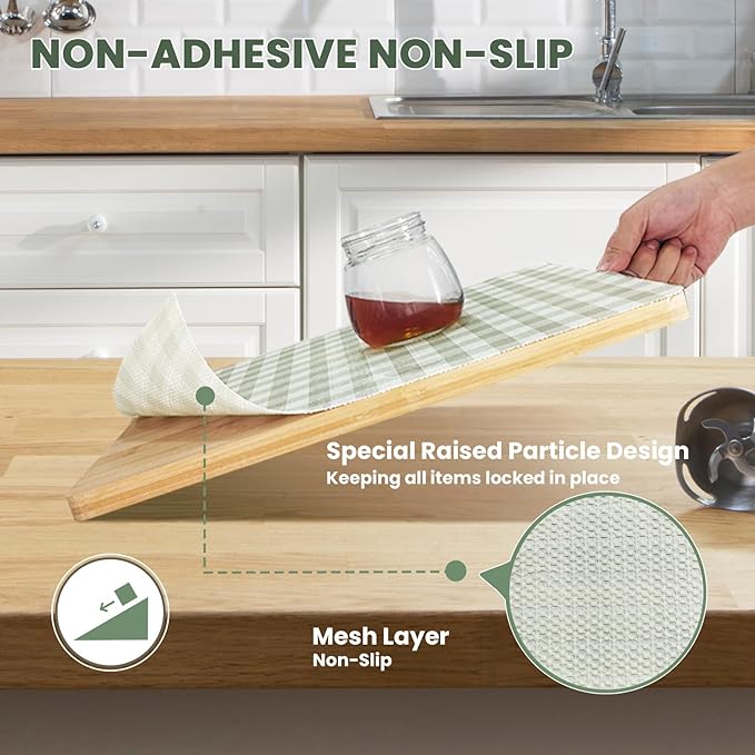 Drawer Liner and Shelf Liner for Kitchen Cabinet Liner Non-Adhesive Non-Slip Shelf Paper, Thick Strong Grip Waterproof Easy to Clean for Shelves, Cupboard, Desks, Green Plaid Pattern, 17.5 in x 30 FT