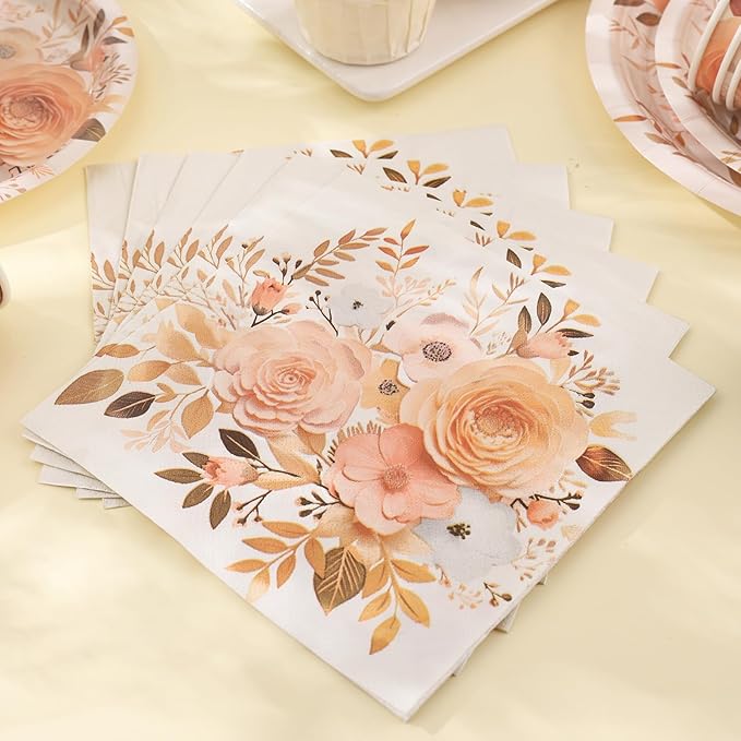 Boho Plates and Napkins Sets for 25 Guests, Floral Birthday Party supplies for Boho Fall Party Decorations