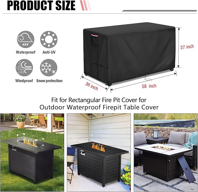 Youlvy Fire Pit Cover Rectangular 58 Inch - Waterproof Outdoor Fire Table Cover Rectangle Heavy Duty, 600D Patio Propane Gas Firepit Cover Rectangular Tear Weather Resistant - 58 x 36 x 27 Inch