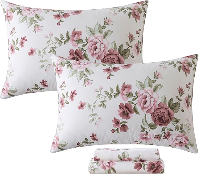 FADFAY Beige Vintage Floral Full Size Sheets Set Premium 100% Cotton Shabby Brick Red Rose Pattern Bedding Set Deep Pocket Sheets with 2 Pillowcases Luxury Breathable Soft 4Pcs, Full Size