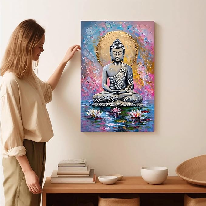 Lotus and golden Buddha meditation tranquil zen wall art mindfulness wall art for spiritual harmony and tranquility decor 8x12in Wood Framed