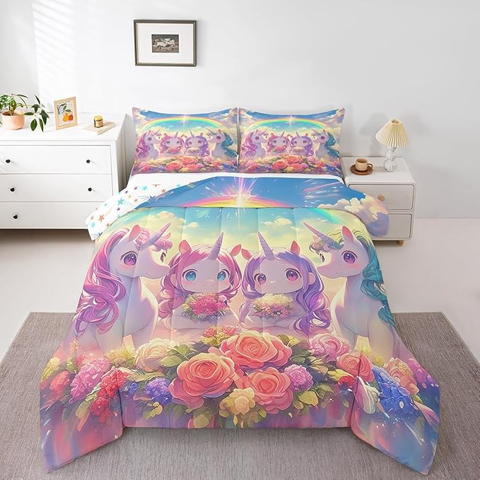 Castle Fairy Kawaii Unicorn Full Size Comforter Set,Cartoon Cute Unicorn Horse Animal Reversible Bedding Comforters Bedroom Collection,Stars Rainbow Watercolor Flowers Bedding Set for Girls Teens