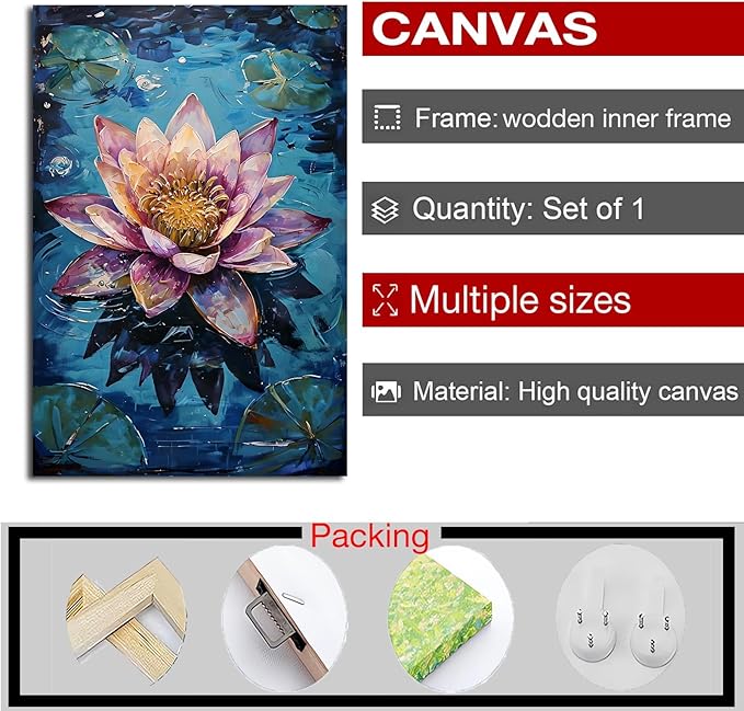 Gorgeous pink and purple water lilies on deep blue water Eye-catching oil painting Serene aquatic wall art for modern home decor 8x12in Wood Framed