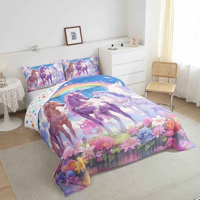 Castle Fairy Dreamy Unicorn Full Size Comforter Set,Rainbow Blue Sky Colorful Flowers Reversible Bedding Comforters Bedroom Collection,Cartoon Animal Floral Galaxy Bedding Set for Girls Teens