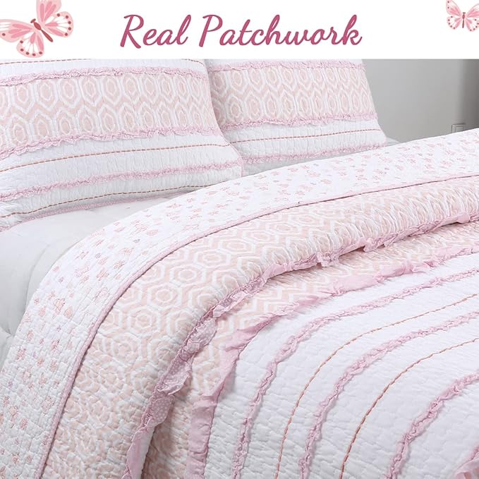 Cozy Line Home Fashions Pretty in Pink Girly Ruffle Stripped 100% Cotton Reversible Quilt Bedding Set, Coverlet, Bedspread (Pink Princess, Queen - 3 Piece: 1 Quilt + 2 Shams)