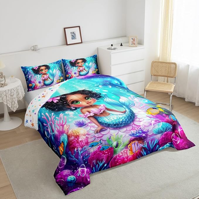 Cute Mermaid Comforter Set Twin Size,Reversible Cute Girl Fish Scale Print Black Bedding Set for Kids Boys Men,African Style Cartoon Fairy Tale Theme Quilted Duvet Set with 1 Pillowcase