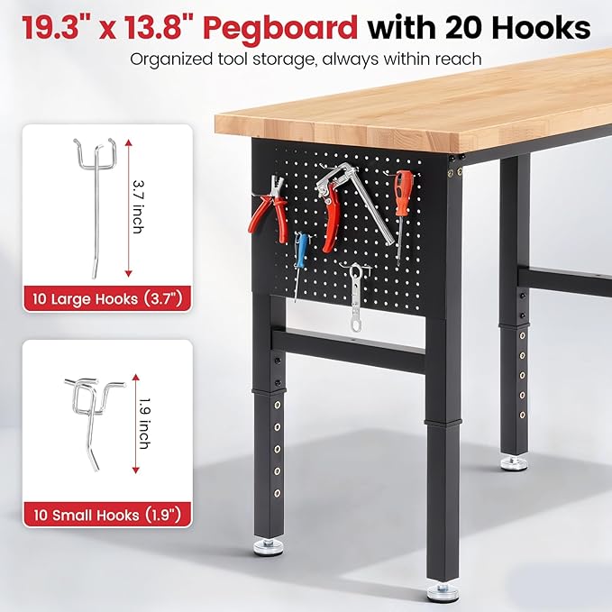 Workbench 72 x 24 Inch Heavy Duty Adjustable Height Work Table with Power Outlets & Extended Pegboard 5000 lbs Load Capacity for Garage, Workshop, Home, Office