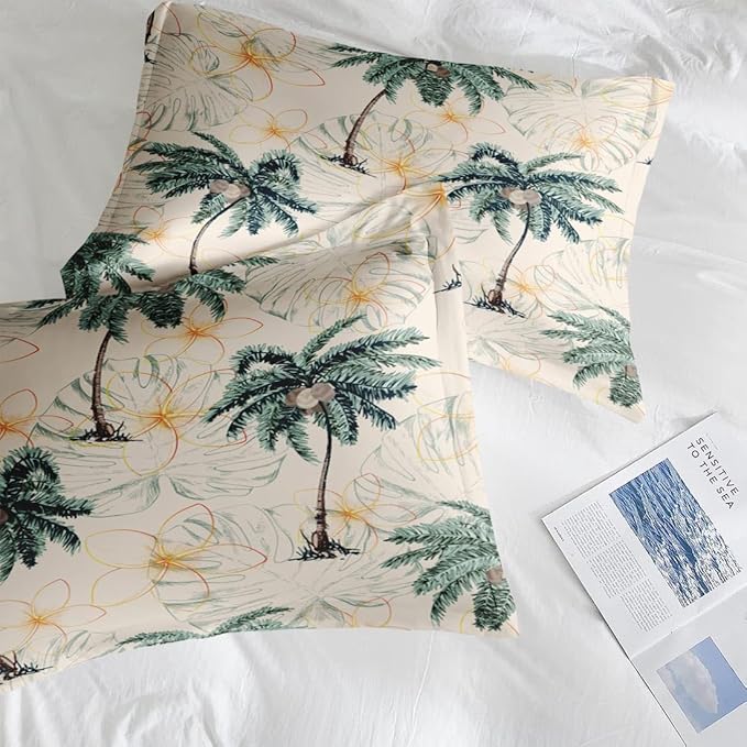 Comforter Set King Size, Tropical Botanical Palm Summer 7 Pcs Bedding for Kids and Adults, Hawaiian Coconut Tree Bed Sheet Sets with Fitted Sheet 2 Pillowcase & 2 Sham for Bedroom Bed Decor