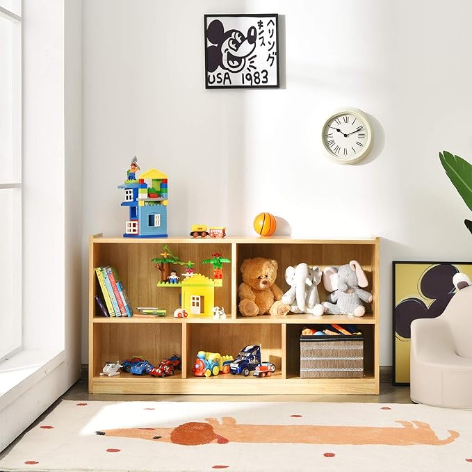 Costzon 2-Shelf Bookcase for Kids, Wooden Toy Storage Organizer for Books Toys, 5-Section Freestanding Classroom Daycare Montessori Bookshelf for Preschool, Home Playroom & Kindergarten (Burlywood)