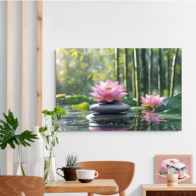 Ethereal pink lotus on obsidian Sunlit bamboo forest with sparkling water drops Poetic nature inspired wall art for tranquil homes and mindful spaces 12x18in Wood Framed