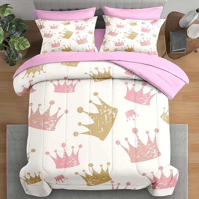 Comforter Set Queen Size, Cute Kids Crown 7 Pcs Bedding for Kids and Adults, Pink Princess Girls Bed Sheet Sets with Fitted Sheet 2 Pillowcase & 2 Sham for Bedroom Bed Decor