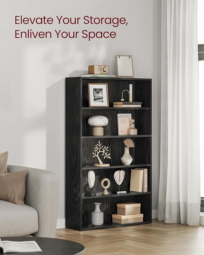 VASAGLE Custos Collection - Bookshelf, 5-Tier Bookcase, Book Shelf, Open Storage Shelf, 9.4 x 30 x 52.8 Inches, for Living Room, Home Office, Dinning Room, Ebony Black ULBC175T56