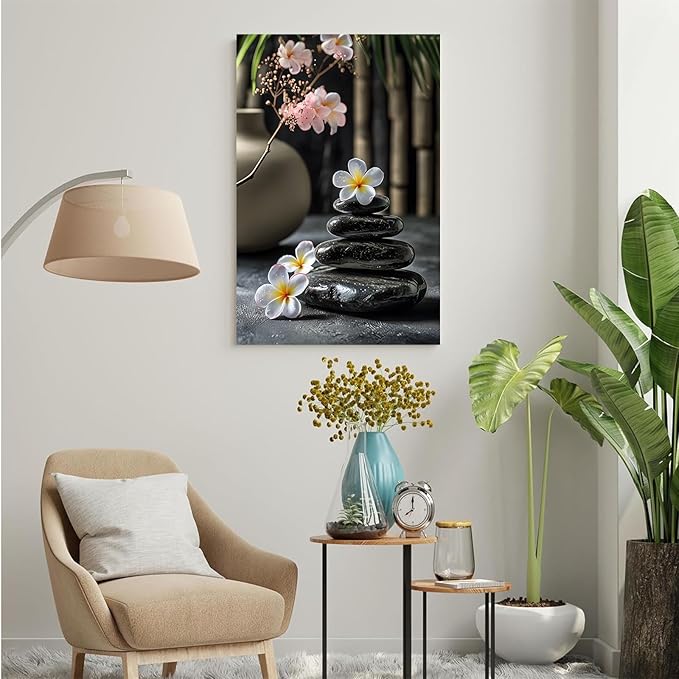 A harmonious black stone stack paired with white and pink flowers bamboo and ceramic vases creates a tranquil Zen decor for minimalist homes and mindful spaces 16x24in Frameless