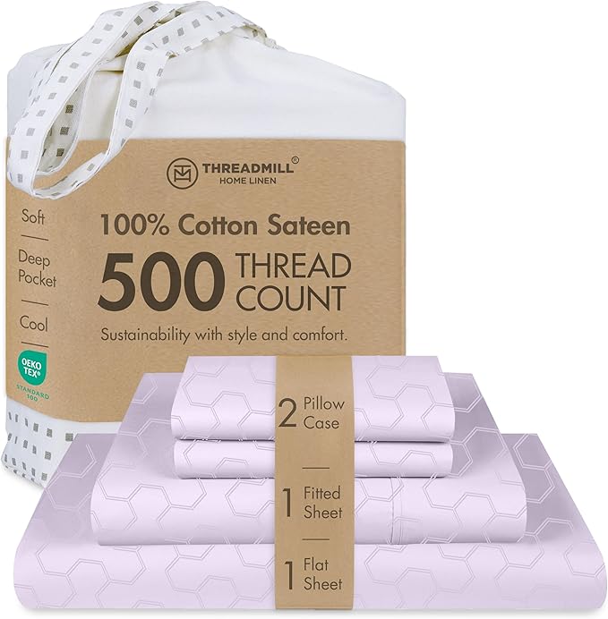 Threadmill Cotton Queen Sheet Set | 500 Thread Count 100% Cotton Sheets for Queen Size Bed | Damask Jacquard Queen Bed Sheets Set with 16” Deep Pocket Fitted | Soft Sateen Cooling Bedding Set | Lilac