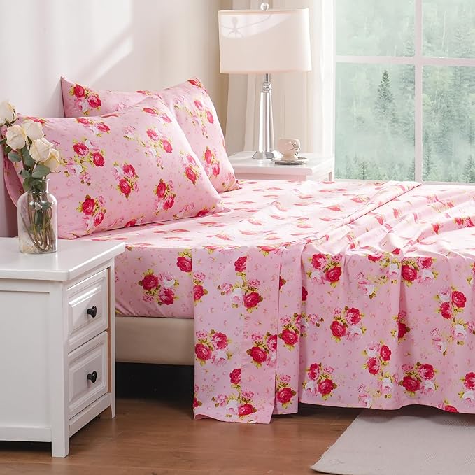 Bedlifes Full Sheet Set Ultra Soft, Breathable, Silky Flower Deep Pocket 100% Microfiber Bedding, 4 Piece Full Size Pink Floral(Red Rose)