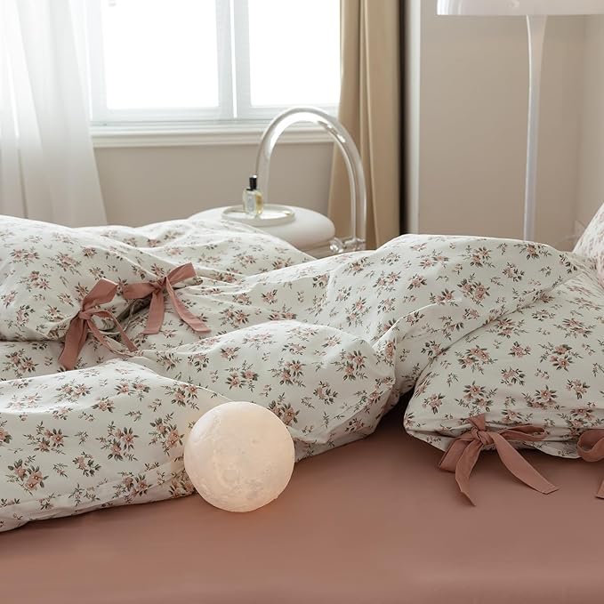 VM VOUGEMARKET Peach Flower Bedding Set King Chic Girls Floral Duvet Cover with Zipper Closure 100% Cotton Blush Pink Comforter Cover Set(3 pcs,104x90)