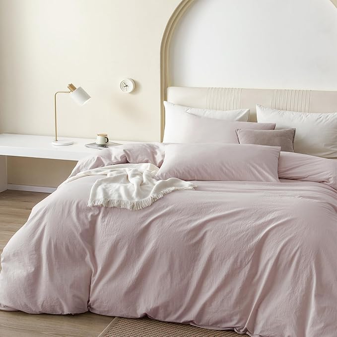 JIYUAN 100% Washed Cotton Duvet Cover Set 3 Pieces Full, 1 Duvet Cover 80x90 Inches (Comforter Not Included) and 2 Pillowcases,Linen Feel Bedding Set Comfy and Breathable, Heathered Greyish Pink