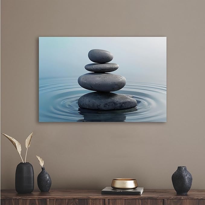 Zen wall art Harmonious grey stones stacked on a calm surface of water Serene Zen decor suitable for tranquil homes and spaces of meditation 28x40in Wood Framed