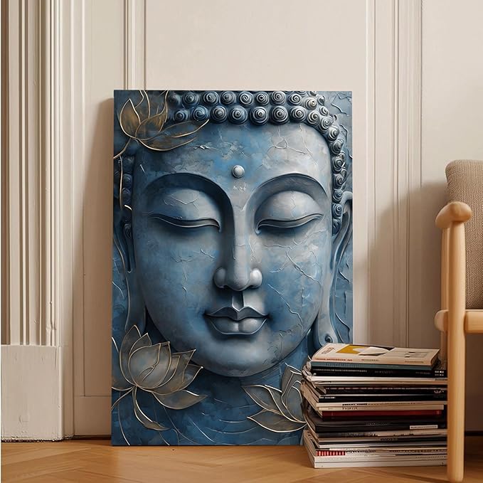 Canvas wall art Golden lotus crown Serene Buddha poster Ethereal blue toned art with delicate floral decor Zen wall art for a tranquil meditation space 12x18in Frameless
