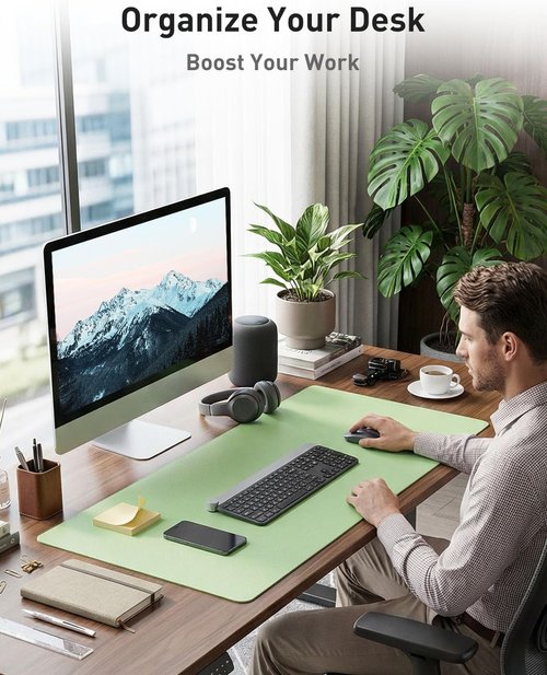Aothia Faux Leather Desk Mat - Non-Slip Waterproof Writing Surface | Large Foam Green Pad (55" x 24")