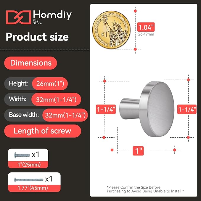 homdiy 40 Pack Brushed Nickel Cabinet Knobs Round Kitchen Handles Zinc Alloy Metal Hardware for Dresser Drawer Desk Cupboard