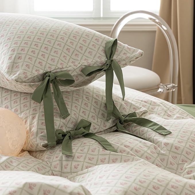 LifeTB Pink Floral Comforter Set Queen Plaid Grid Cute Flower Comforter 3 Pieces Cottagecore Bedding Comforter Aesthetic Flowers Boho Comforter with 2 Bowknot Pillowcases Farmhouse Bedding Set