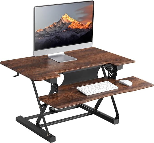 32" Electric Standing Desk Converter, Dyropcurv Series Height Adjustable Computer Desk Ergonomic Home Office Desk for Adults, Sit to Stand Desk with Quiet Motor, Vintage Brown