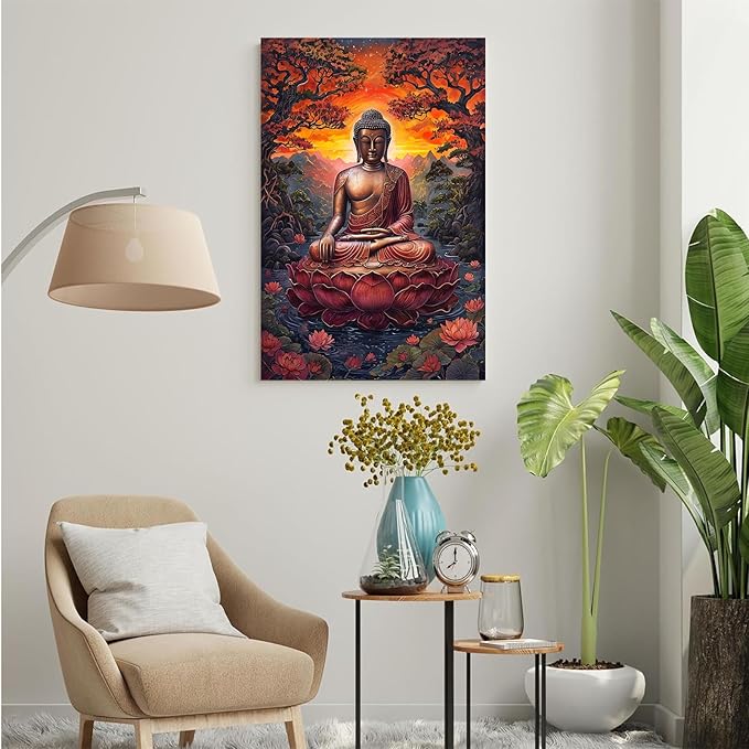 Golden Buddha on lotus seat serene meditation statue amidst lush trees flowing water and sunrise light spiritual home art for a tranquil decor 24x36in Frameless