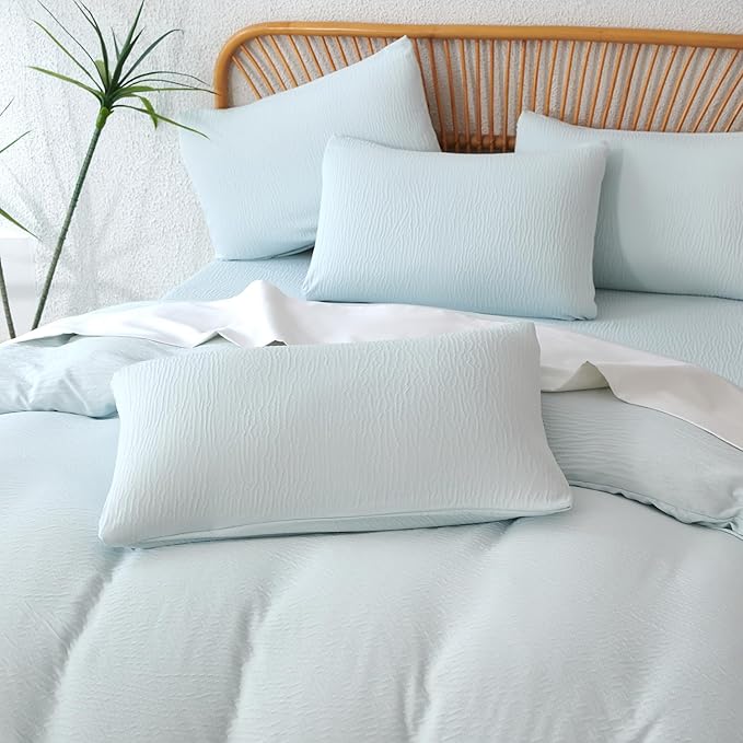Duvet Cover King Size Glacier Blue, 3 Pieces Double-Layer Crinkle Gauze Soft Bedding for All-Season Lightweight Breathable Comfy with 2 Pillowcases