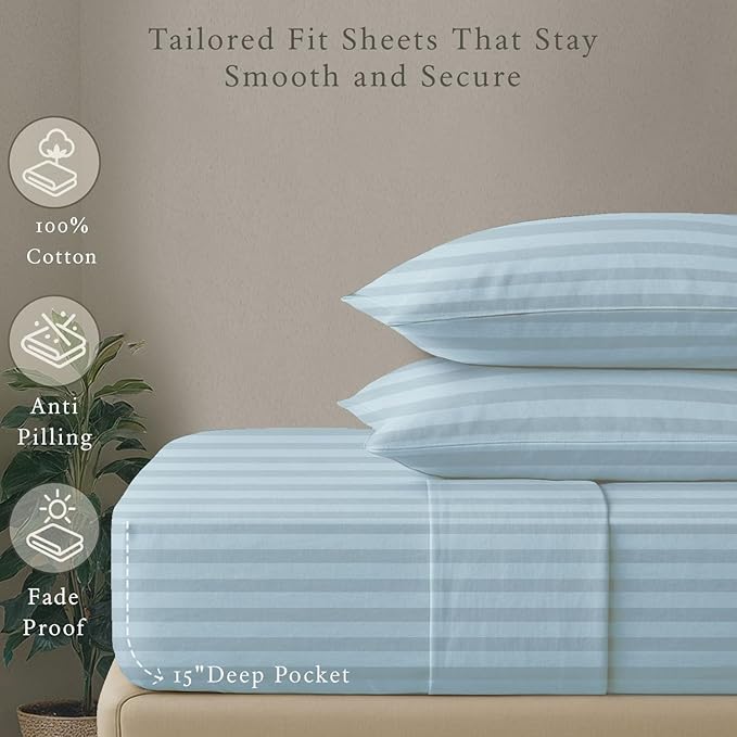 Threadmill 500 Thread Count Twin Size Damask Stripe, 3 Pc Luxury Cotton Bedding Set, Breathable Light Blue Sheets with 15" Elasticized Deep Pocket, 1 Pillowcase & Free Tote Bag
